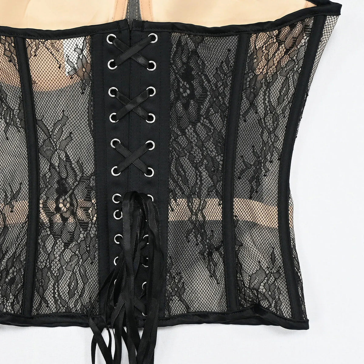 Aço osso korset mulher oco para fora sutiã de renda sem alças bustier superior malha lingerie feminina preto branco biege espartilho