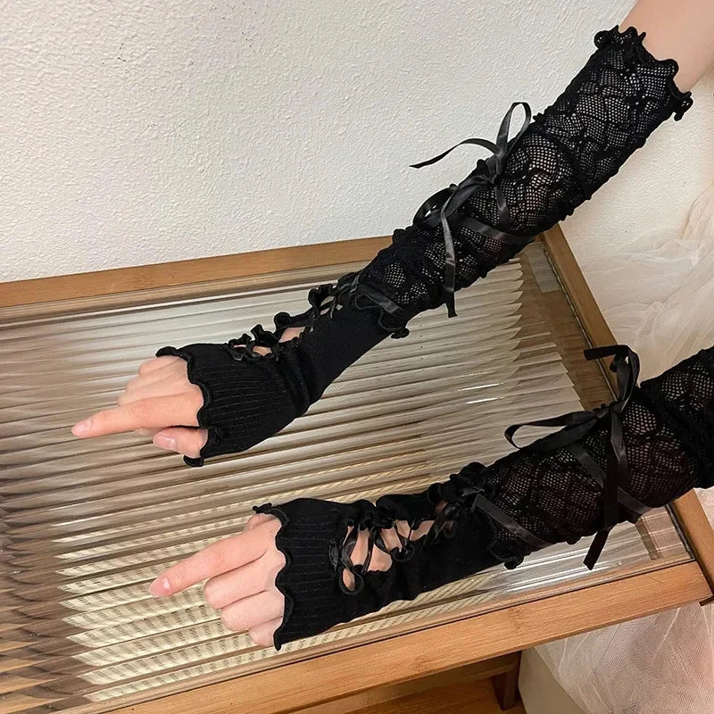 Mulheres lolita jk rendas luvas sem dedos preto gótico diy cintas protetor solar manga acessórios de roupas malha elástica luvas punk