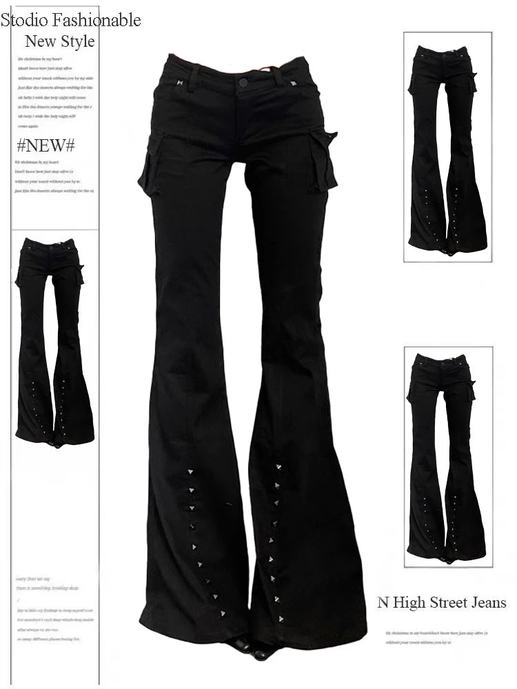 Mulheres escuro academia goblin núcleo calças compridas gyaru goth baixo aumento alargamento calças y2k streetwear estiramento japonês harajuku grunge