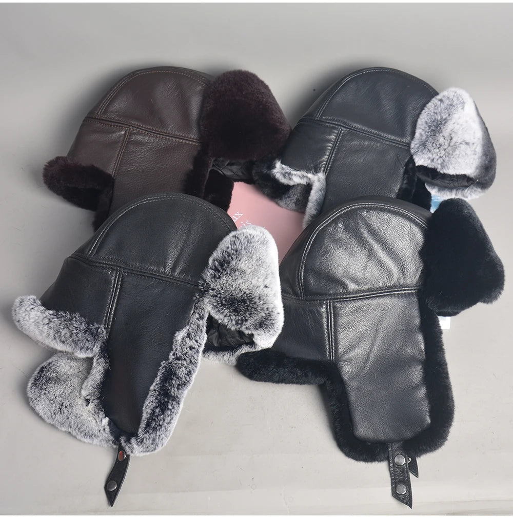 Novo unissex real rex pele de coelho bombardeiro chapéu ushanka boné trapper russo das mulheres dos homens chapéus de esqui bonés de couro de pele de carneiro real inverno quente