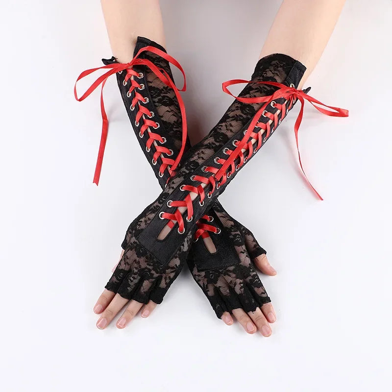 Luvas de Renda Gótica Fishnet até o Cotovelo