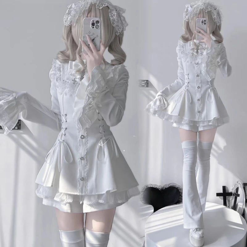 Y2k estética lolita estilo arco vestido shorts conjunto japonês feminino gótico renda alargamento manga botão camisa vestido punk festa mini vestido