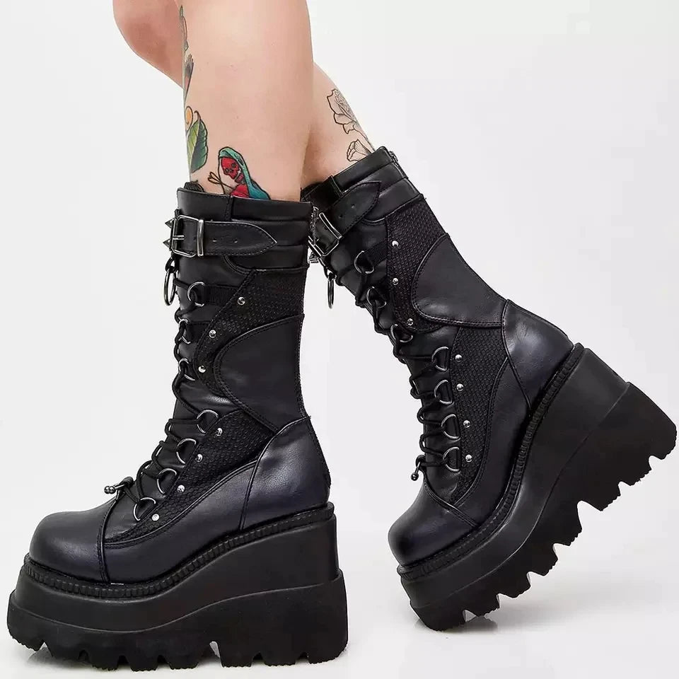 Mulheres botas altas cosplay meados de bezerro botas de plataforma alta cunhas botas 2025 outono inverno novo designer sapatos góticos para mulher botas
