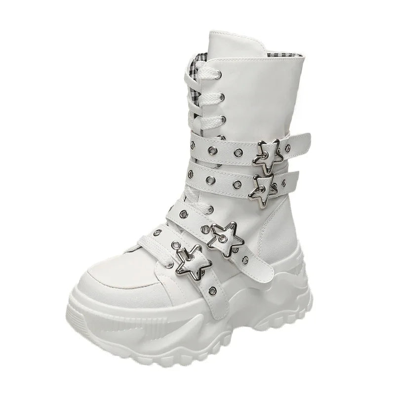 Novas Botas Femininas Y2K Rock Plataforma Verão 2026 Góticas com Fivela de Cinto de Estrela de Metal, Sola Grossa, Cano Médio, Calçados Punk de Designer