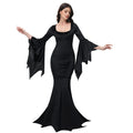 [You're My Secret] Halloween Morticia Adams Primate Black Adams Family Dress Retro Gótico Manga Alargada Vestido rabo de peixe