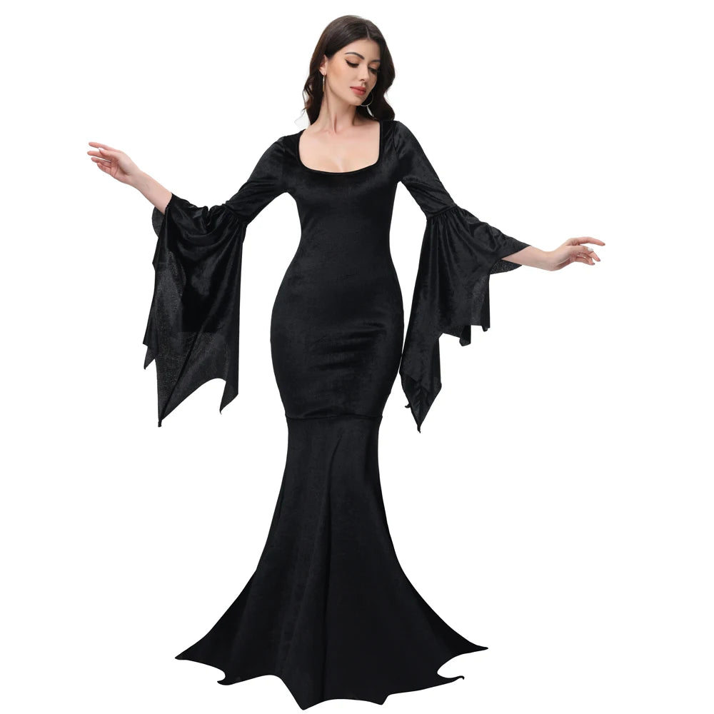 [You're My Secret] Halloween Morticia Adams Primate Black Adams Family Dress Retro Gótico Manga Alargada Vestido rabo de peixe