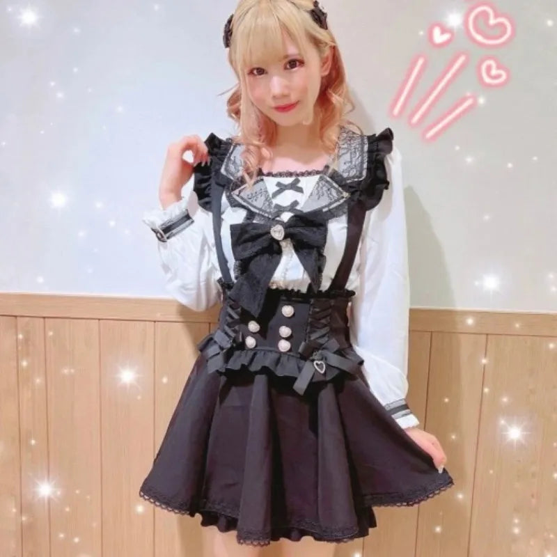Saia Curta de Suspensório com Laço Estilo Gótico Japonês Lolita, Saia Xadrez Doce e Fofa para Meninas, Saia Mini em A com Renda, verão2026, preta sólida, kawaii