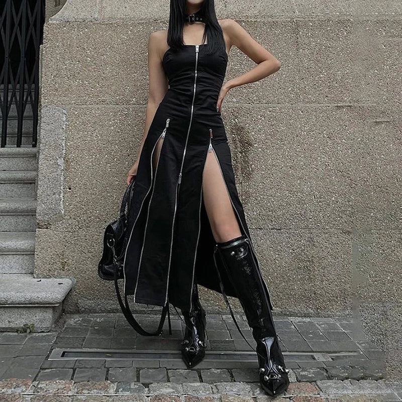 Goth escuro techwear moda zip up midi vestidos cyber y2k shopping gótico split feminino tubo vestido partywear punk fora do ombro outfits