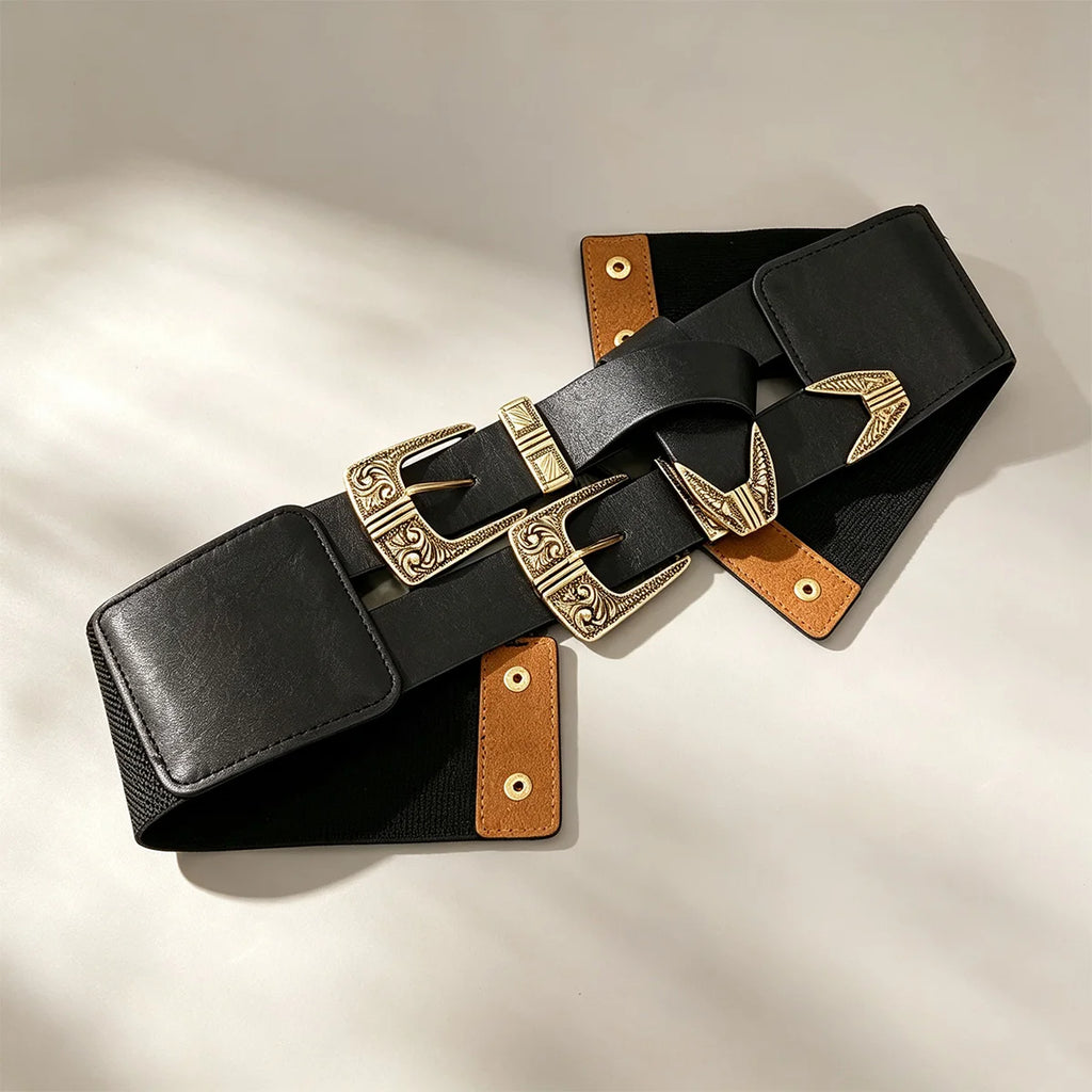 Novo Cinto Largo Punk Preto em Couro PU para Mulheres, Cintos Modeladores de Cintura Alta Elásticos, Cintos Pretos para Vestidos Femininos.