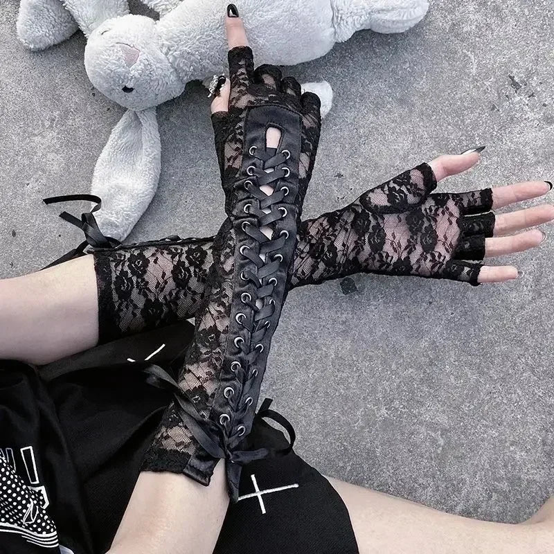 Luvas de Renda Gótica Fishnet até o Cotovelo