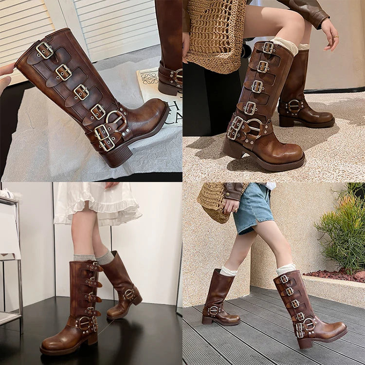 Botas Altas de Couro Genuíno para Mulheres com Fivela de Metal, Bico Quadrado, Estilo Punk, Salto Grosso, Botas de Motociclista