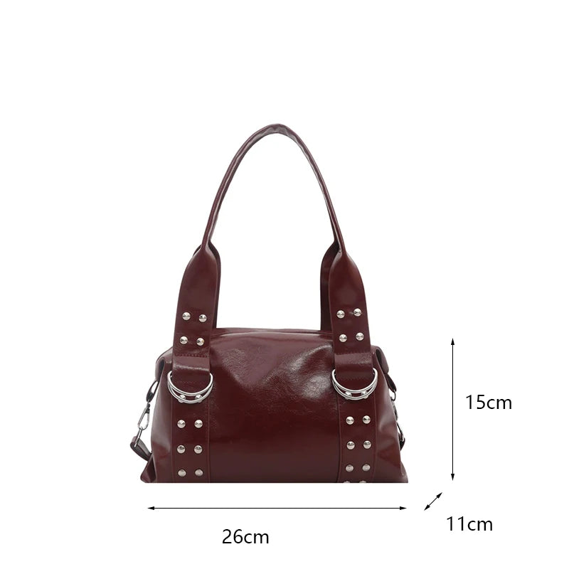 Bolsa de Ombro Feminina em Couro PU de Alta Qualidade, Grande Capacidade, Estilo Y2K, Bolsa de Braço com Rebites, Bolsa Boston Feminina para o Dia a Dia
