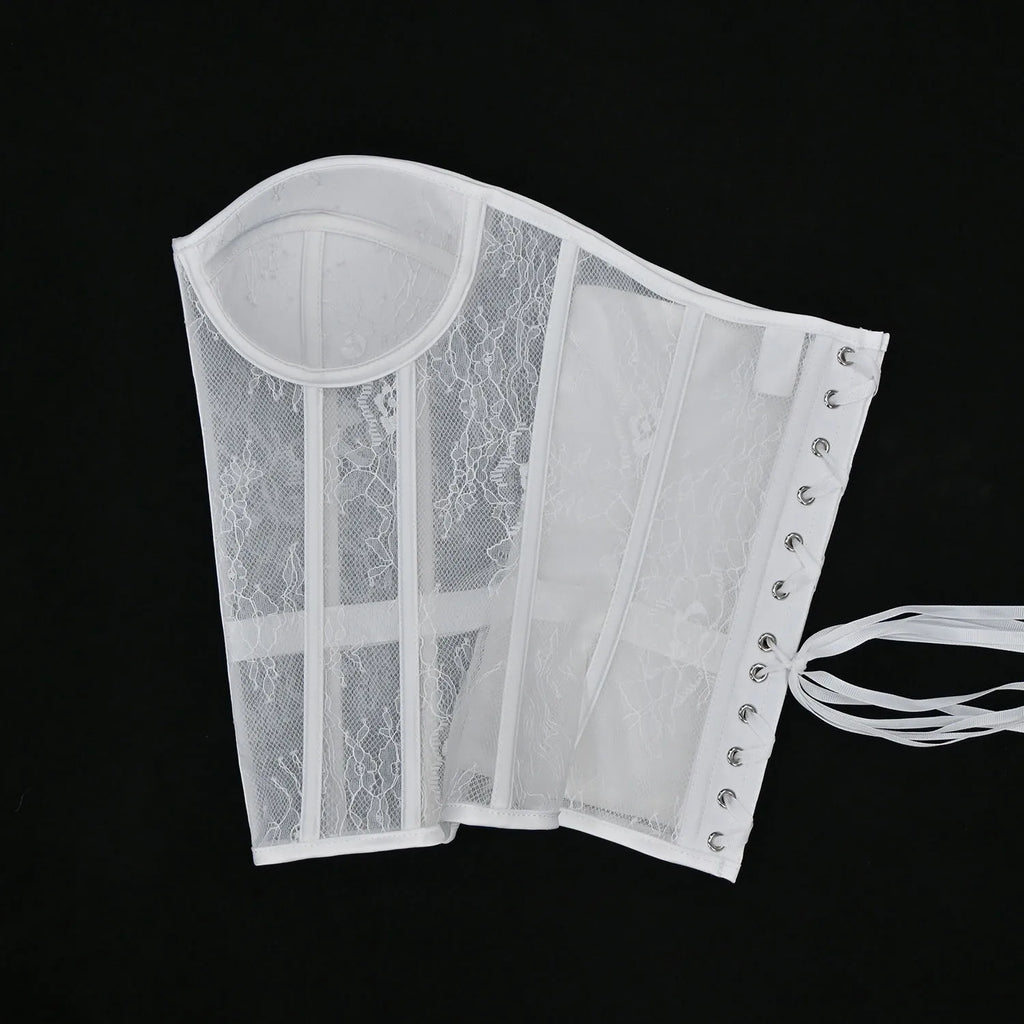 Aço osso korset mulher oco para fora sutiã de renda sem alças bustier superior malha lingerie feminina preto branco biege espartilho