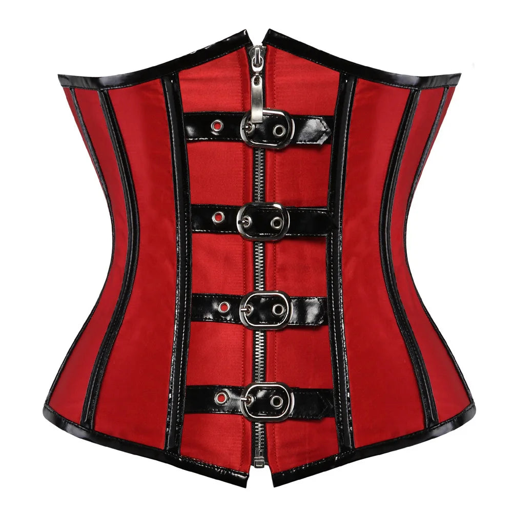 Corset Gótico Steampunk Underbust Preto e Vermelho com Espiral de Aço, Treinador de Cintura, Bustiê com Zíper e Fivelas, Corselete Modelador