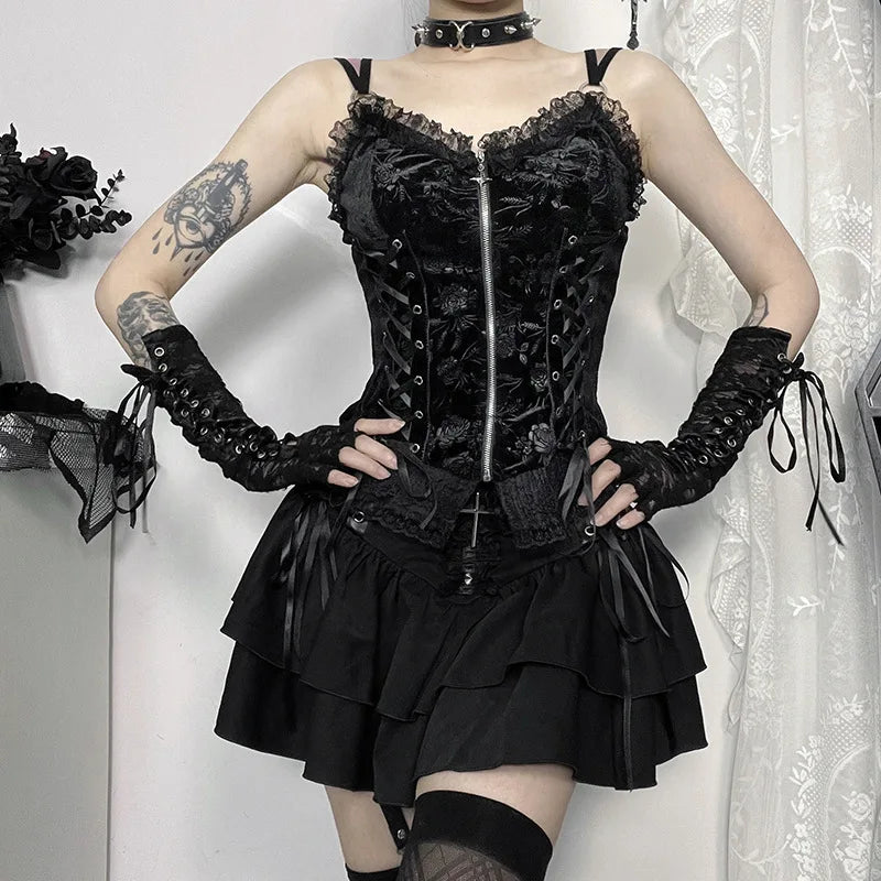 Gótico preto renda cruz mini saia y2k grunge punk cintura alta plissado a linha saias vintage feminino menina estética alt roupas