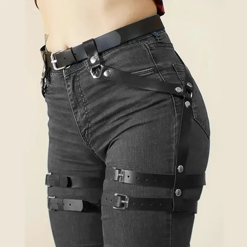 Moda feminina couro do plutônio perna arnês corpo arnês peito punk gótico perna liga cintos gótico cinto roupas accessor