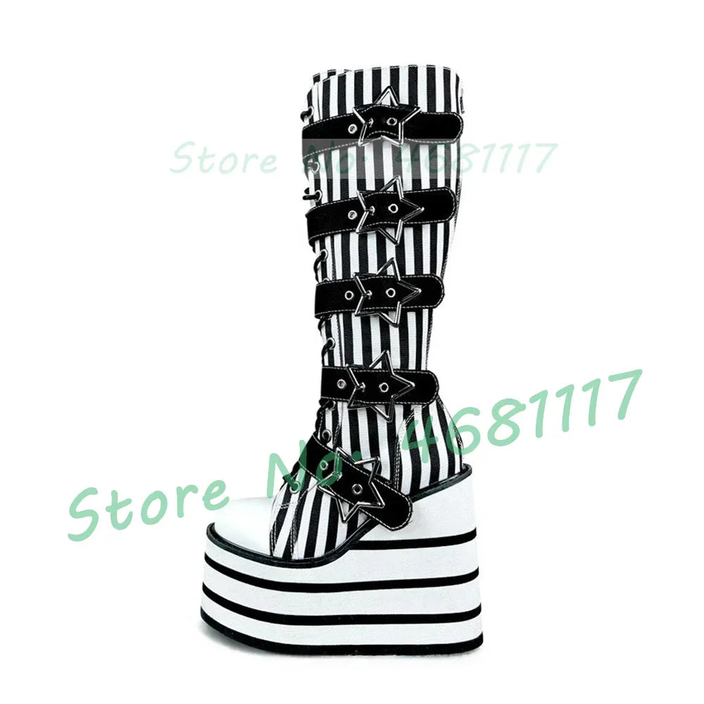 Preto listrado plataforma sapatos de lona longa menina doce metal estrela fivela de cinto botas de renda moda dedo do pé redondo legal lolita sapatos