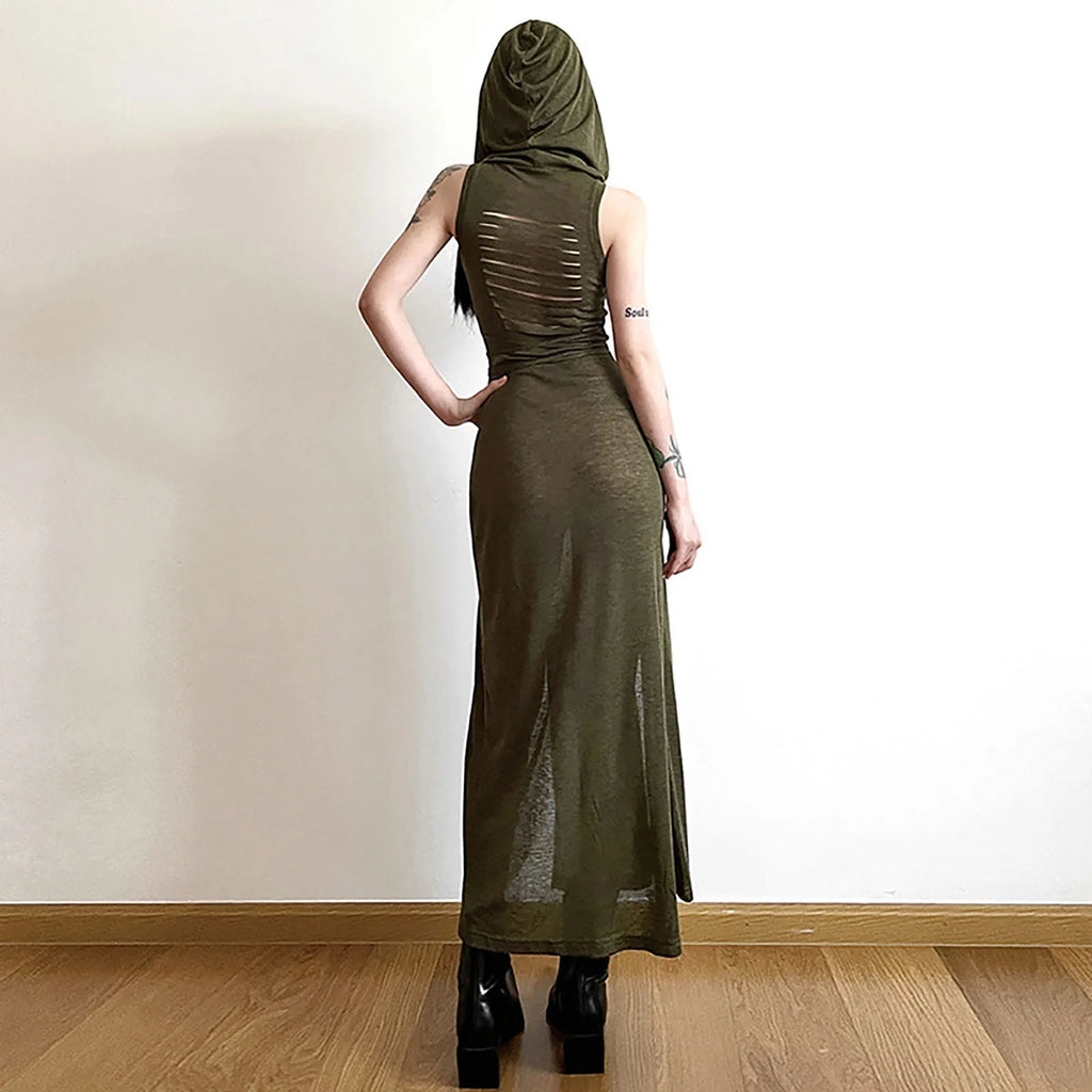 Gótico deserto walker vestidos com capuz feminino goth cyber y2k punk grunge oco para fora midi vestido sexy split side sólido streetwear