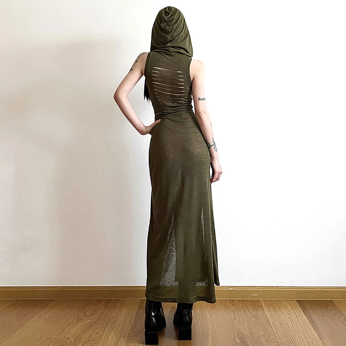Gótico deserto walker vestidos com capuz feminino goth cyber y2k punk grunge oco para fora midi vestido sexy split side sólido streetwear