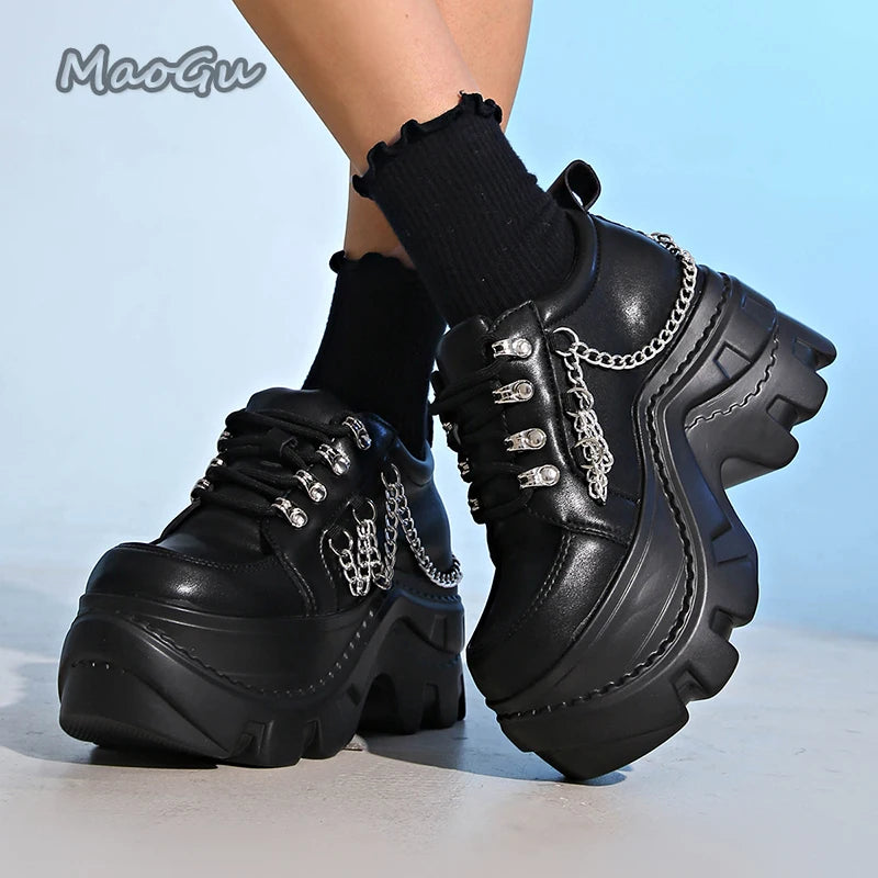 Gótico punk chunky tênis para mulher plutônio preto corrente decoração plataforma sapatos casuais mulher sola grossa não deslizamento tênis tamanho 35-42