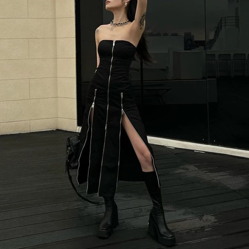 Goth escuro techwear moda zip up midi vestidos cyber y2k shopping gótico split feminino tubo vestido partywear punk fora do ombro outfits