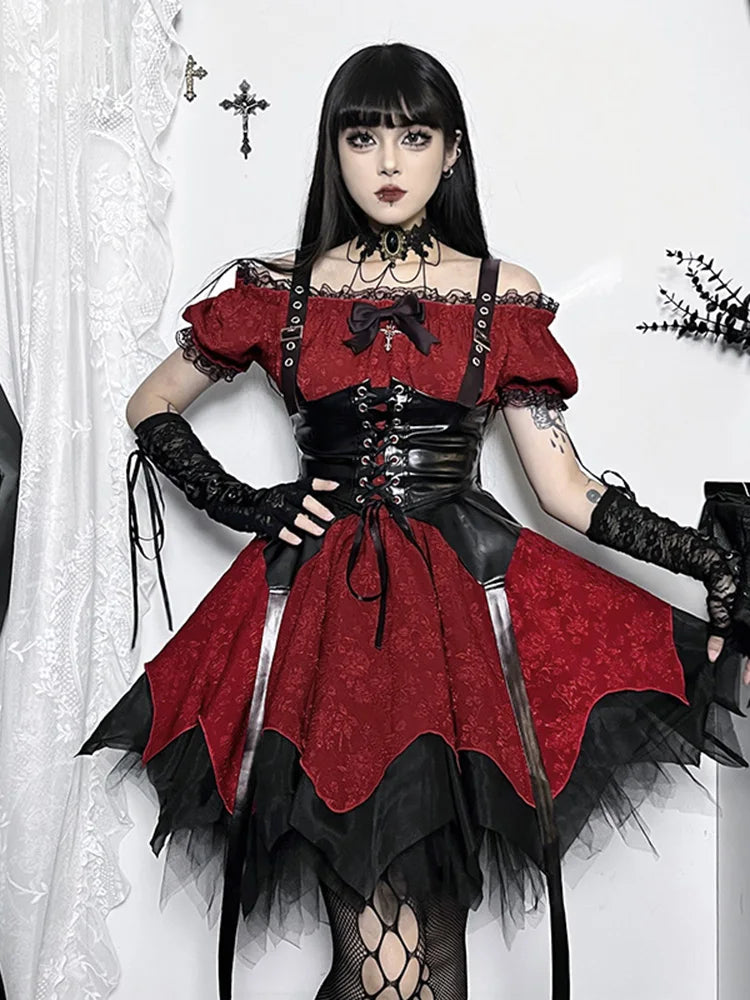 Altgoth escuro academia gótico vestido feminino harajuku streetwear fairycore grunge rendas retalhos puff manga vestido de cintura alta feminino