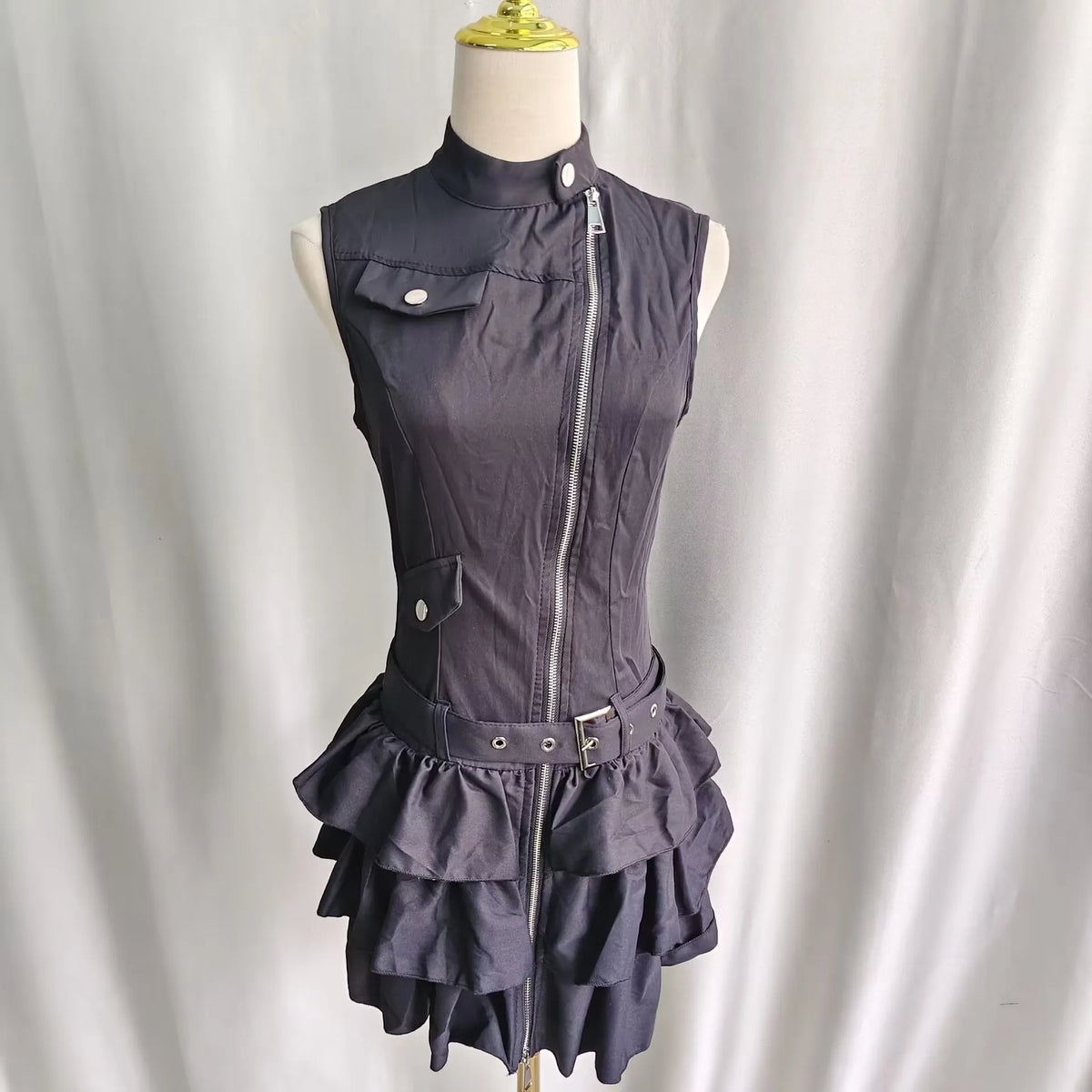 Kimutomo y2k sem mangas punk vestido feminino vintage harajuku suporte pescoço zíper mini vestidos de verão babados grunge festa gótica