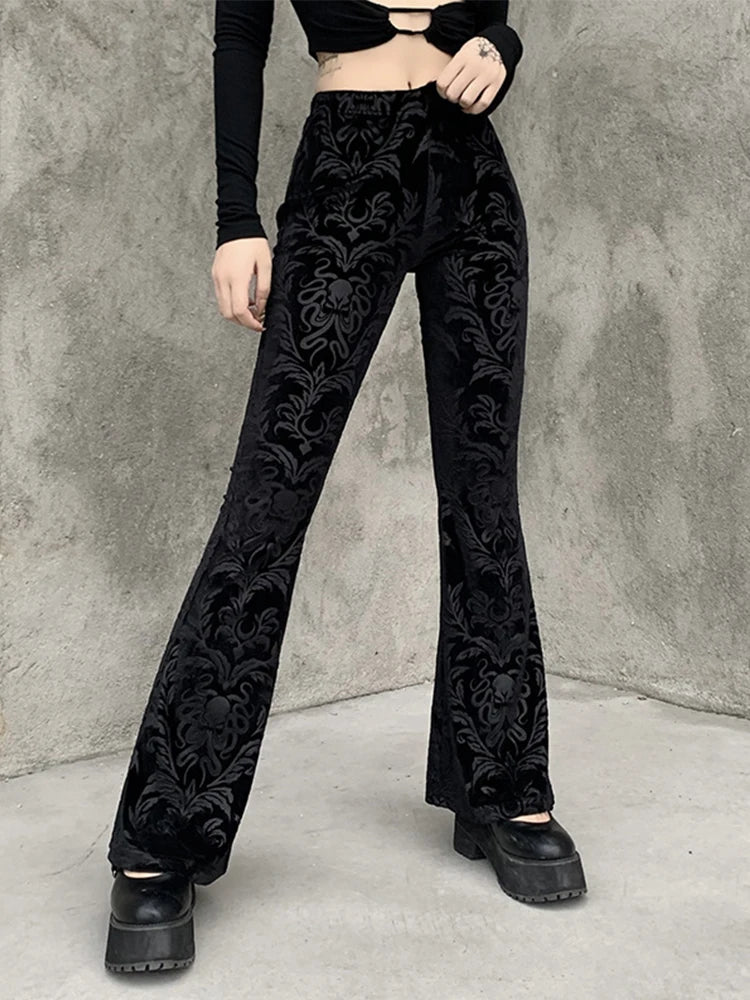 AltGoth-Calças vintage de veludo gótico escuro feminino, cintura alta, monocromática, preta, casual, flare, Harajuku, streetwear feminino, Y2K