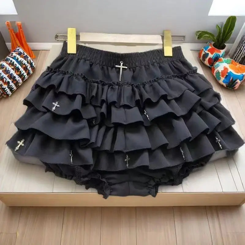 Saias Femininas com Camadas e Babados, Minissaia com Detalhes Cruzados, Shorts Embutidos, Skort Japonês Kawaii, Estilo Gótico Punk Y2K, Harajuku Anos 90, Sexy