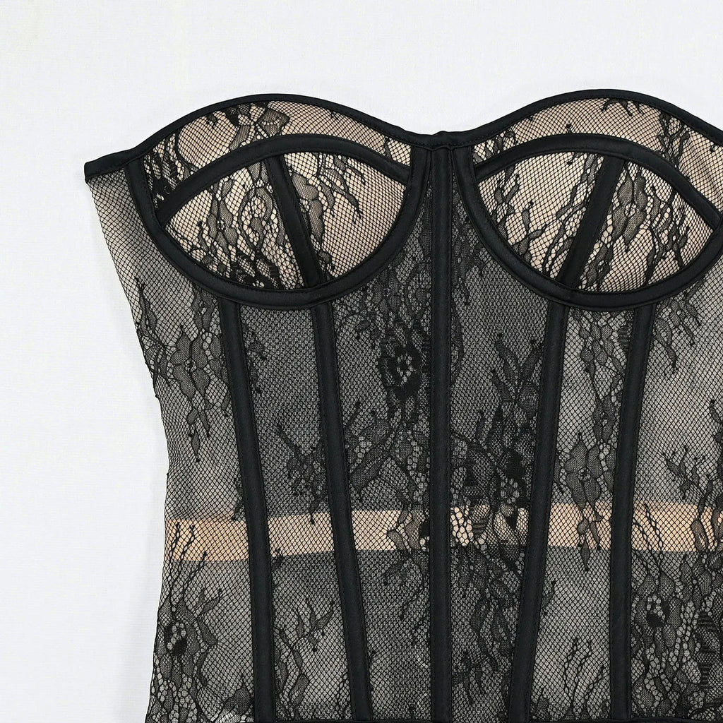 Aço osso korset mulher oco para fora sutiã de renda sem alças bustier superior malha lingerie feminina preto branco biege espartilho