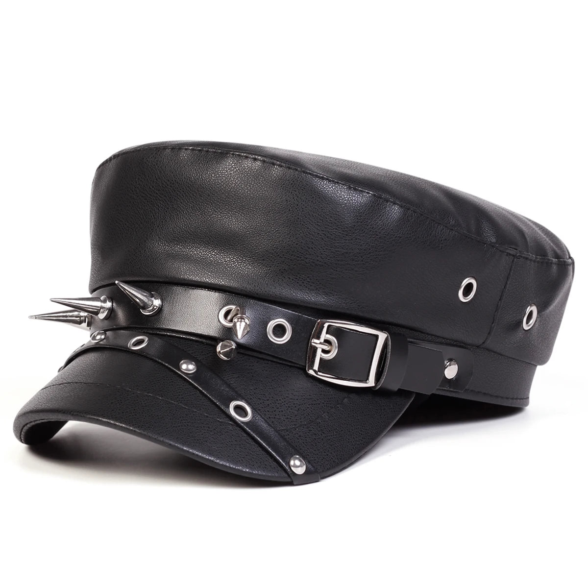 Boina de couro masculina e feminina com fivela de cinto, bonés de marinheiro preto, parte superior plana, bonés de capitão militar, moda feminina, grande, primavera, outono