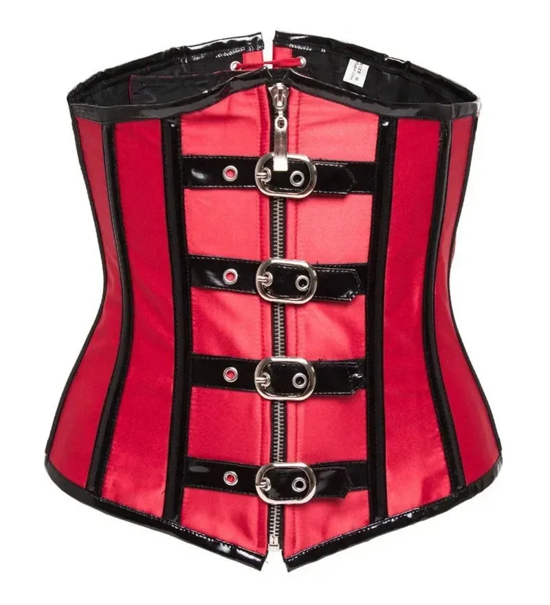 Corset Gótico Steampunk Underbust Preto e Vermelho com Espiral de Aço, Treinador de Cintura, Bustiê com Zíper e Fivelas, Corselete Modelador