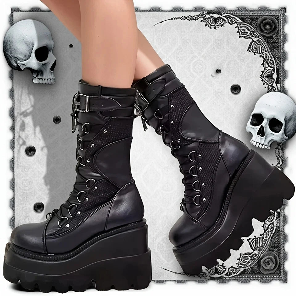 Nova marca senhoras botas de plataforma goth moda rebite fivela punk cunhas salto alto botas femininas festa rua cosplay mulher sapatos