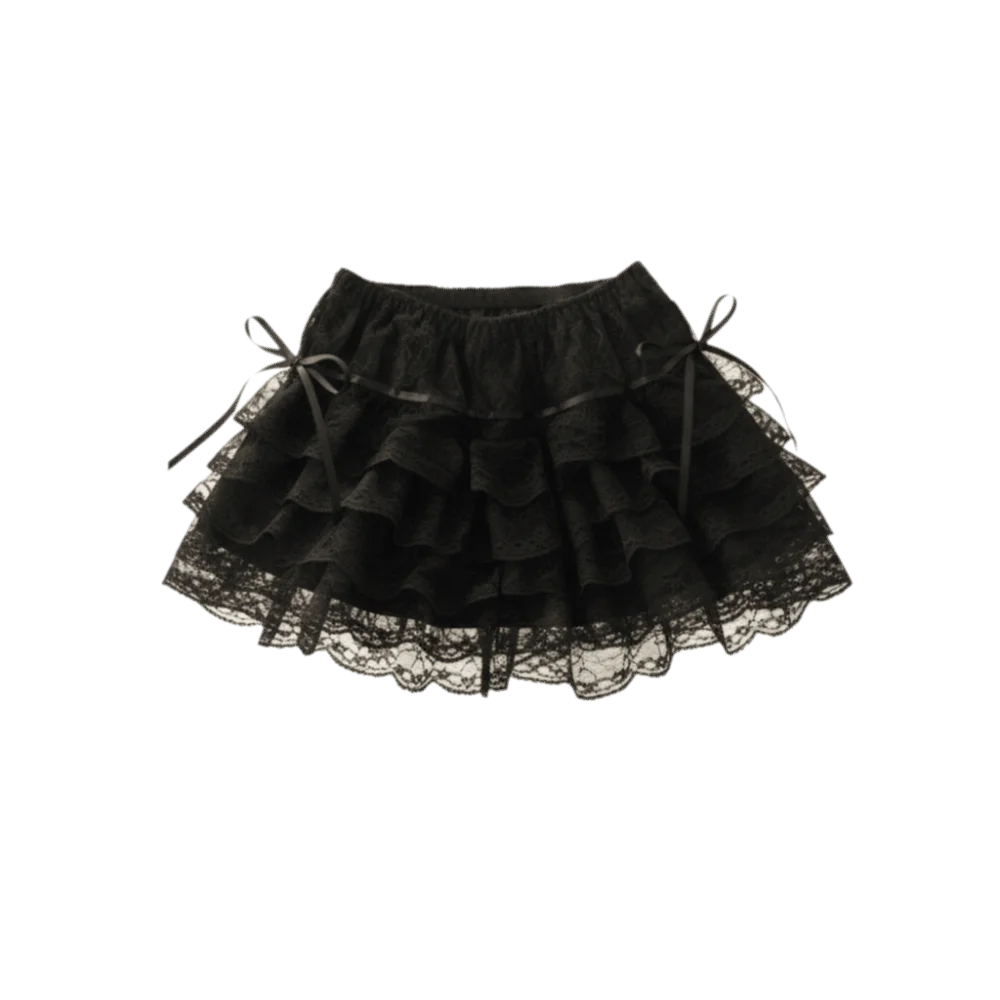 Shorts de Renda com Laço e Flores Estilo Lolita, com Cordão e Babados em Camadas, Saia de Renda de Verão, Calças de Suporte e Peça Externa