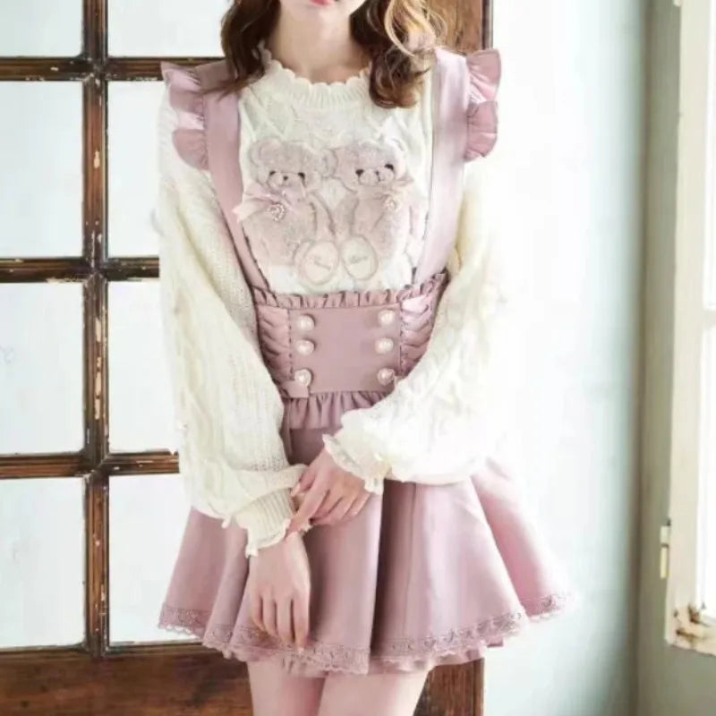 Saia Curta de Suspensório com Laço Estilo Gótico Japonês Lolita, Saia Xadrez Doce e Fofa para Meninas, Saia Mini em A com Renda, verão2026, preta sólida, kawaii