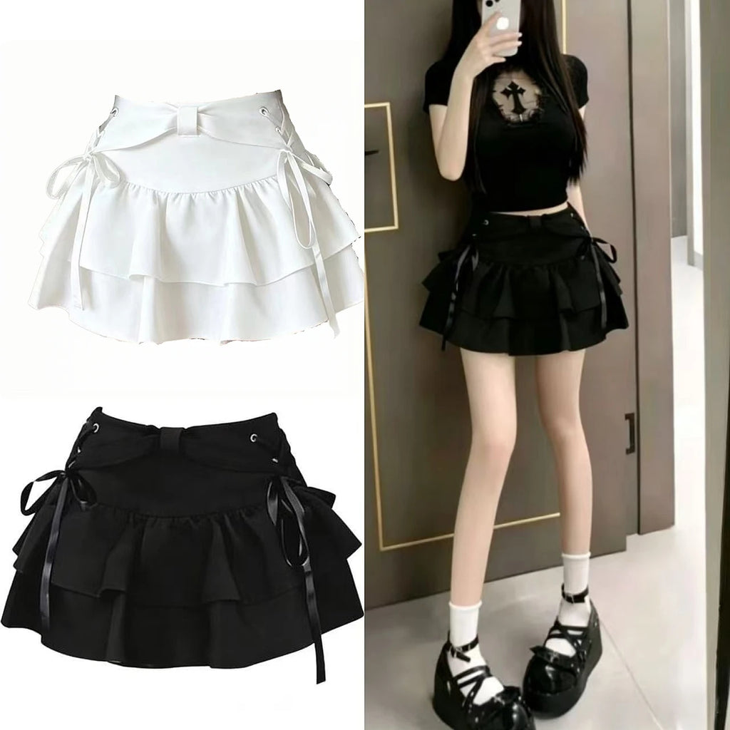 Saias Femininas com Camadas e Babados, Minissaia com Detalhes Cruzados, Shorts Embutidos, Skort Japonês Kawaii, Estilo Gótico Punk Y2K, Harajuku Anos 90, Sexy
