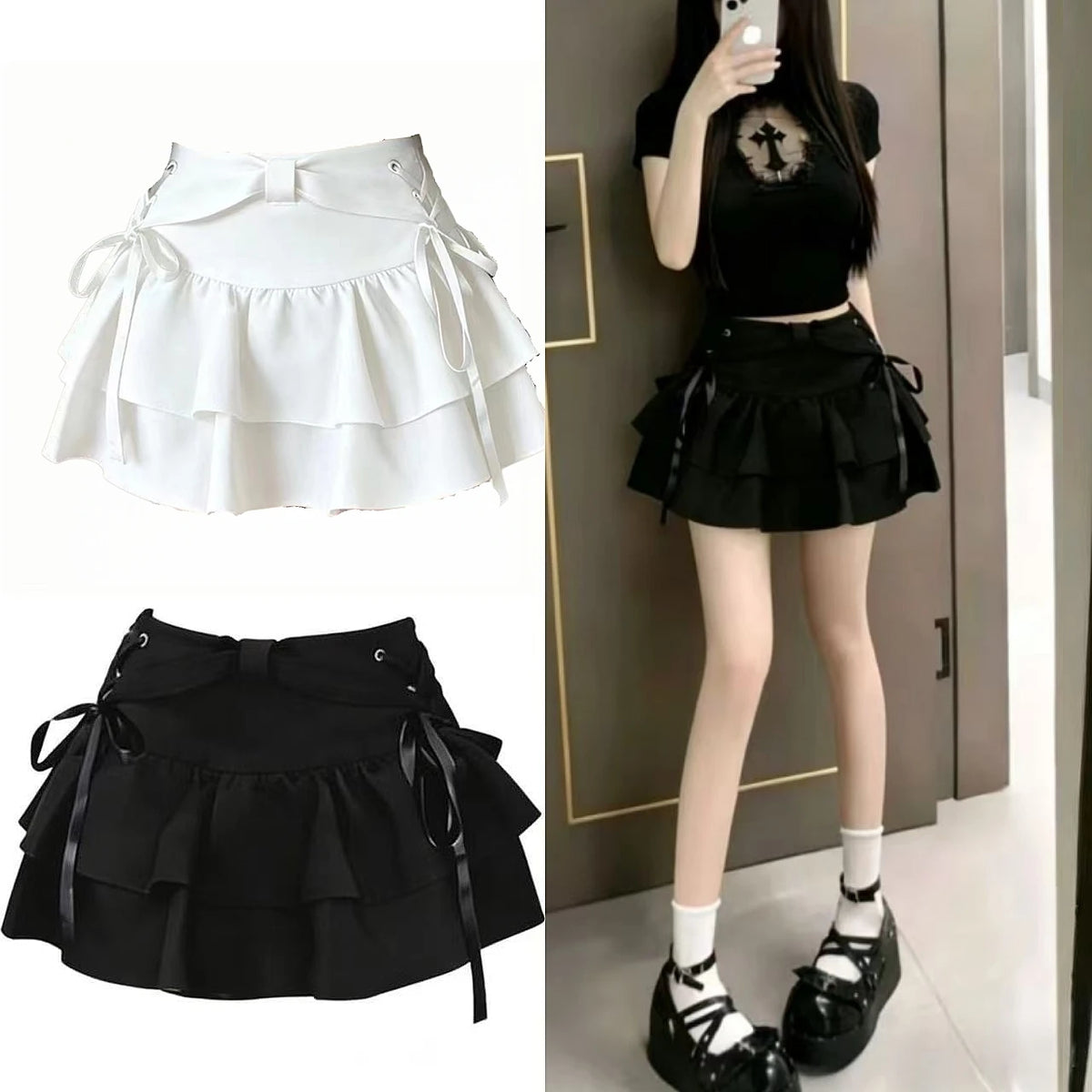 Saias Femininas com Camadas e Babados, Minissaia com Detalhes Cruzados, Shorts Embutidos, Skort Japonês Kawaii, Estilo Gótico Punk Y2K, Harajuku Anos 90, Sexy