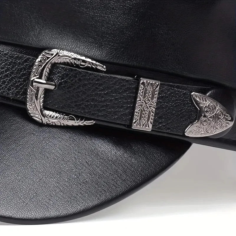 Boina de couro masculina e feminina com fivela de cinto, bonés de marinheiro preto, parte superior plana, bonés de capitão militar, moda feminina, grande, primavera, outono