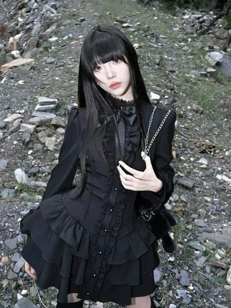 Vestido Gótico Punk com Babados e Mangas Flare, Laço Frontal, Mini Vestido em Camadas, Estilo Gótico Vintage Americano Anos 2000, Moda Casual Feminina Streetwear 2026
