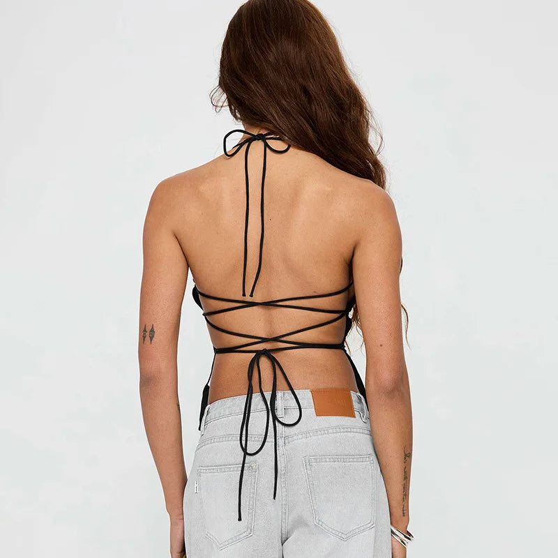 Laço de volta espartilho topo pescoço-montado colheita topo feminino roupas ousado y2k acessórios sem costas sexy clube outfit camison verano ropa mujer