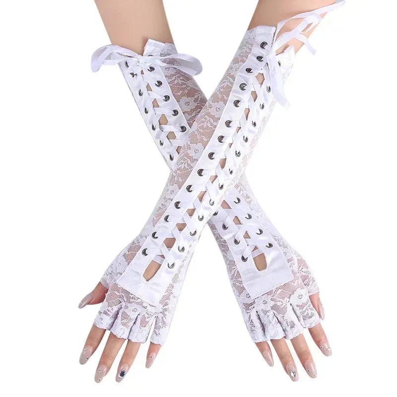 Luvas de Renda Gótica Fishnet até o Cotovelo