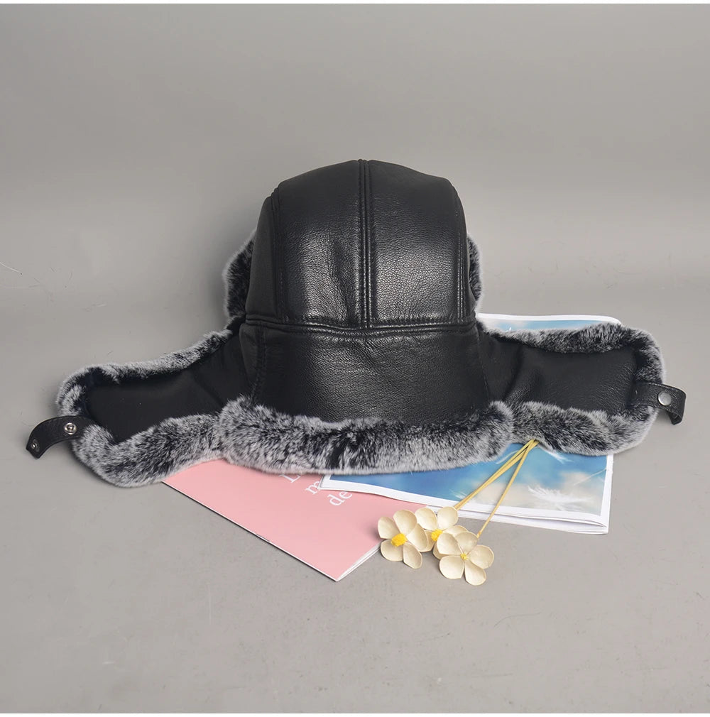 Novo unissex real rex pele de coelho bombardeiro chapéu ushanka boné trapper russo das mulheres dos homens chapéus de esqui bonés de couro de pele de carneiro real inverno quente