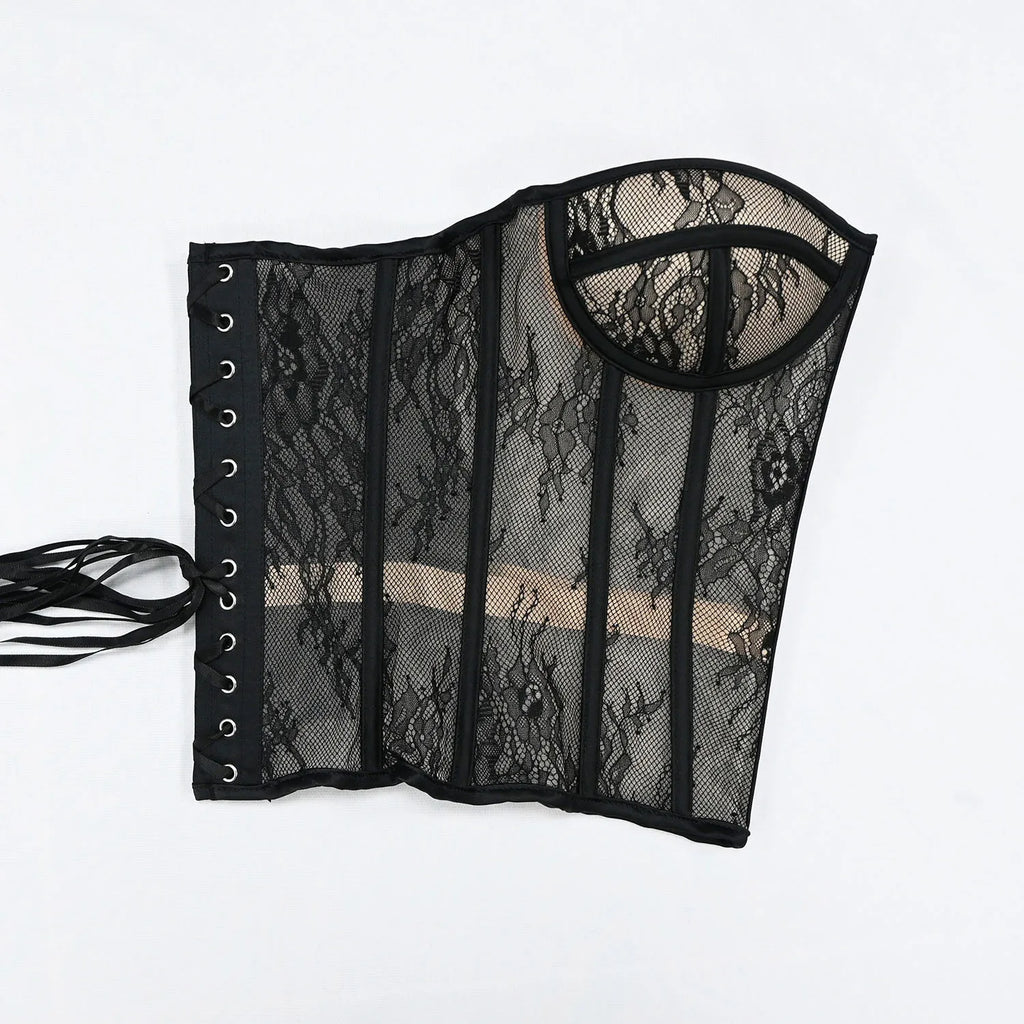 Aço osso korset mulher oco para fora sutiã de renda sem alças bustier superior malha lingerie feminina preto branco biege espartilho