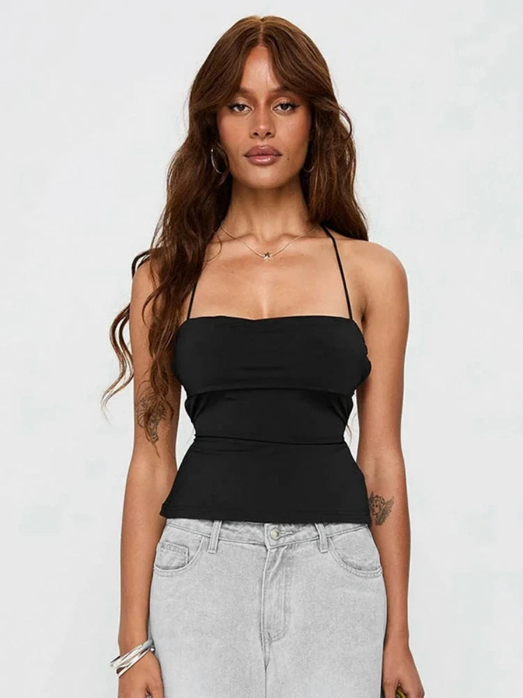 Laço de volta espartilho topo pescoço-montado colheita topo feminino roupas ousado y2k acessórios sem costas sexy clube outfit camison verano ropa mujer
