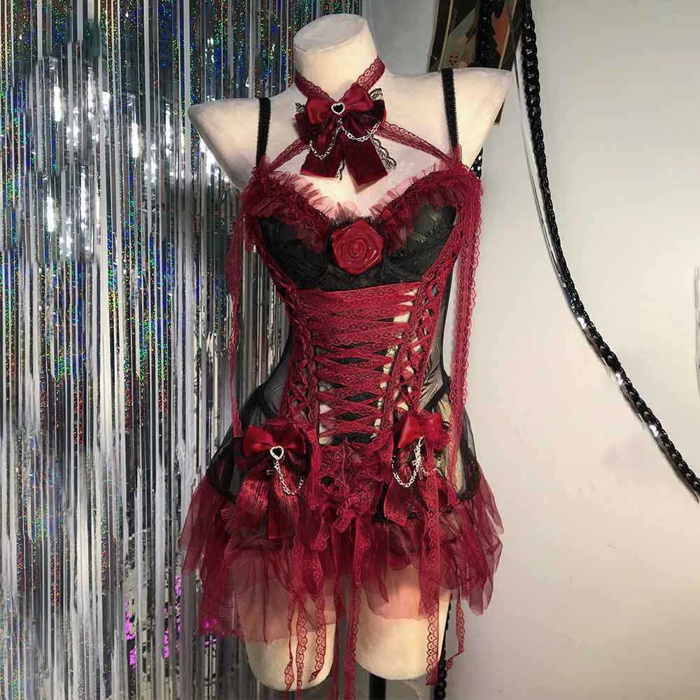 Vestido Gótico Y2K Vermelho para Mulheres, Vestido de Renda Emo ALT Grunge E-Girls Lolita, Vestido de Baile, Rave, Festival, Cyber Punk, Roupa Gótica de Estrela de Rock