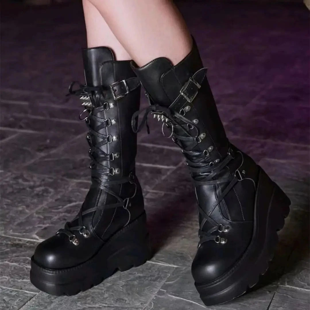Mulheres botas altas cosplay meados de bezerro botas de plataforma alta cunhas botas 2025 outono inverno novo designer sapatos góticos para mulher botas