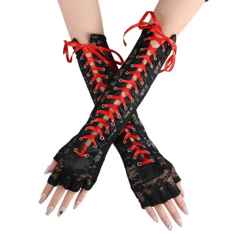 Luvas de Renda Gótica Fishnet até o Cotovelo
