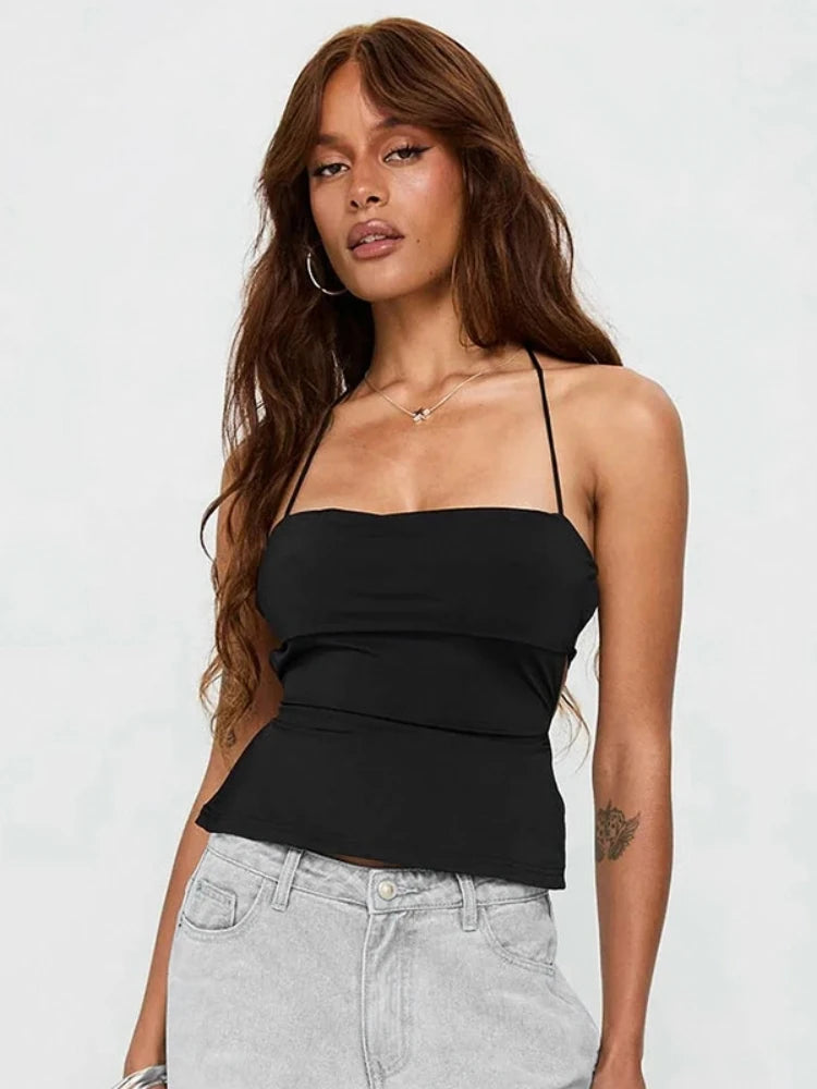 Laço de volta espartilho topo pescoço-montado colheita topo feminino roupas ousado y2k acessórios sem costas sexy clube outfit camison verano ropa mujer