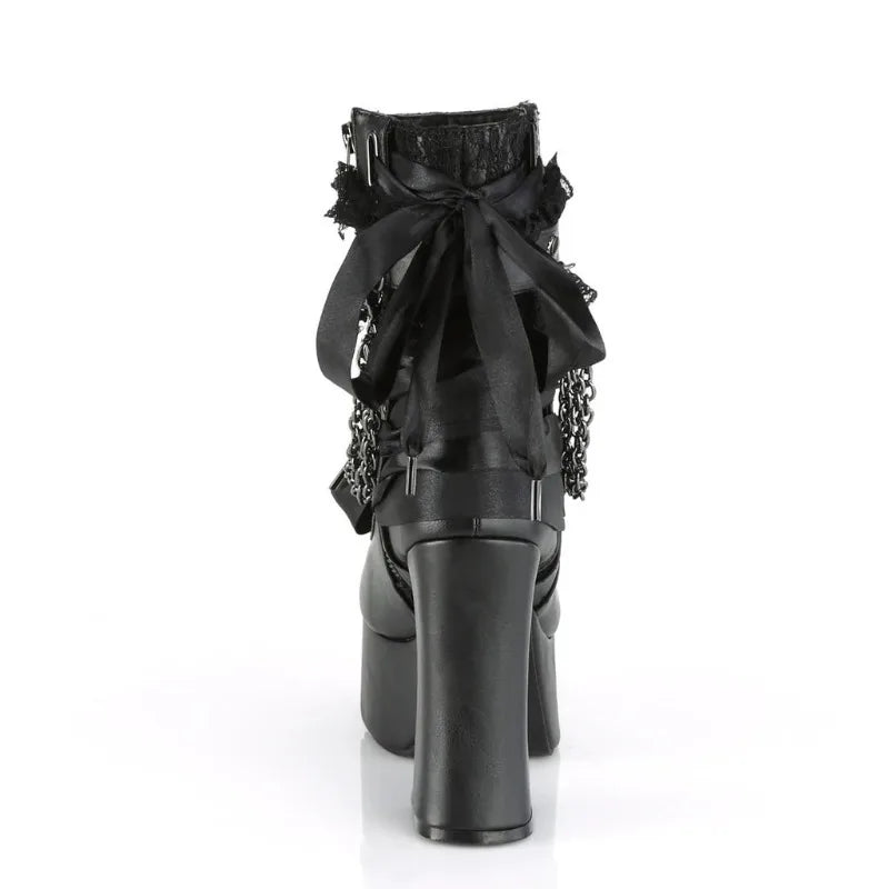 Estilo gótico corrente rendas até arco botas curtas femininas retro dedo do pé redondo salto quadrado plataforma grossa tornozelo botas punk senhoras sapatos de festa