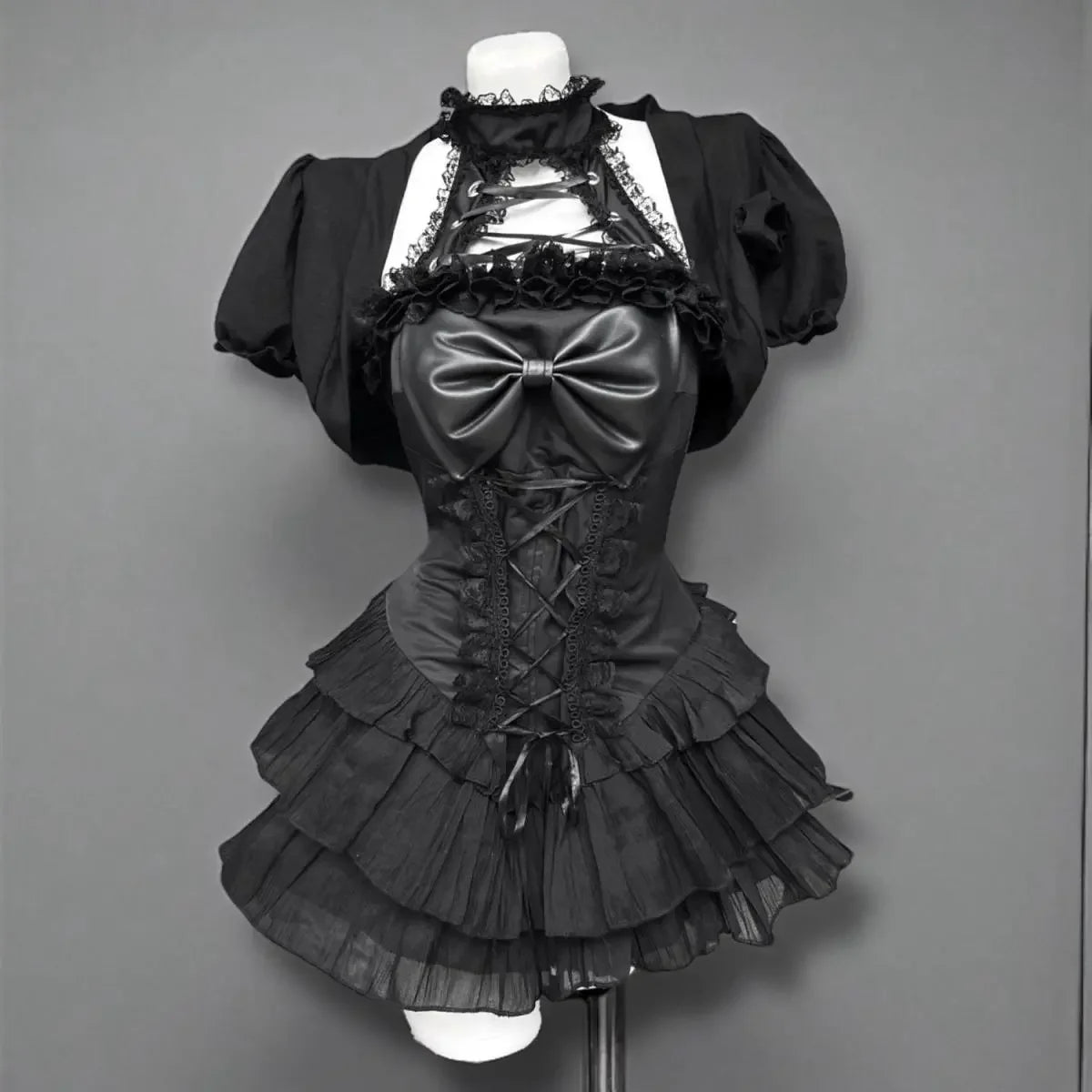 Vestido Gótico Vintage Japonês E-girl para Mulheres, Vestido Mini com Gola Alta, Manga Curta, Laço e Renda, Cintura Ajustada, Vestido Preto Doce e Picante